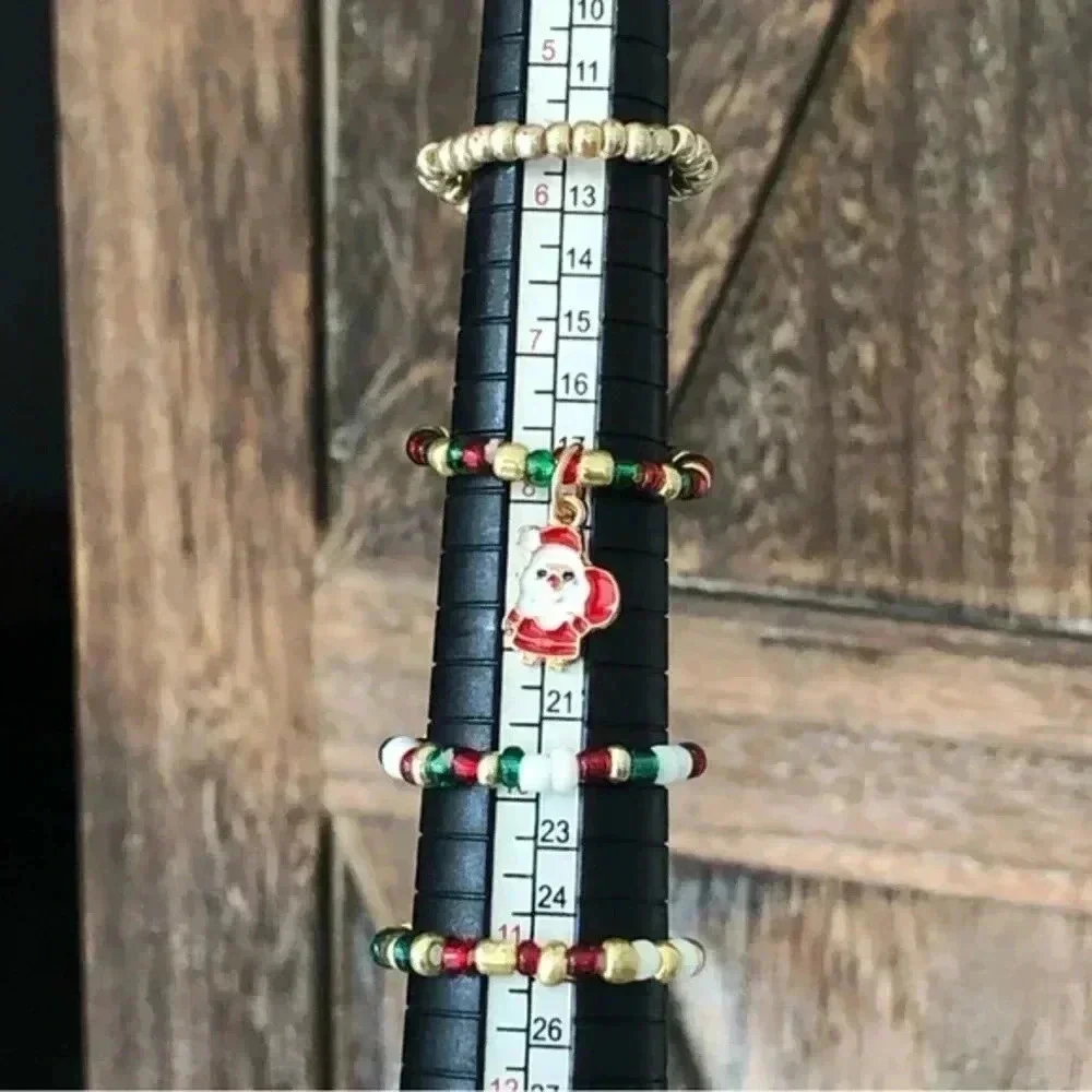 4 Piece Pack Santa Christmas Handmade Stretch Rings-  Red, Gold, White, Green
